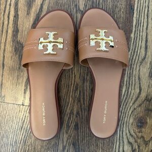 Tory Burch Brown Slide Sandals with Gold Logo (Size 7)